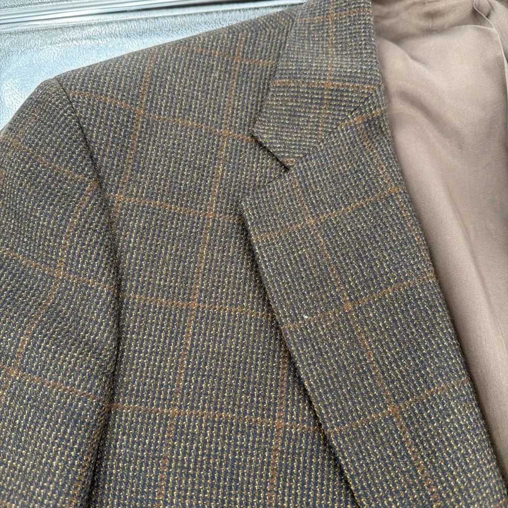 Vtg Classics by Bill Blass Brown Plaid Wool Blazer Sport Coat Jacket Mens 43L